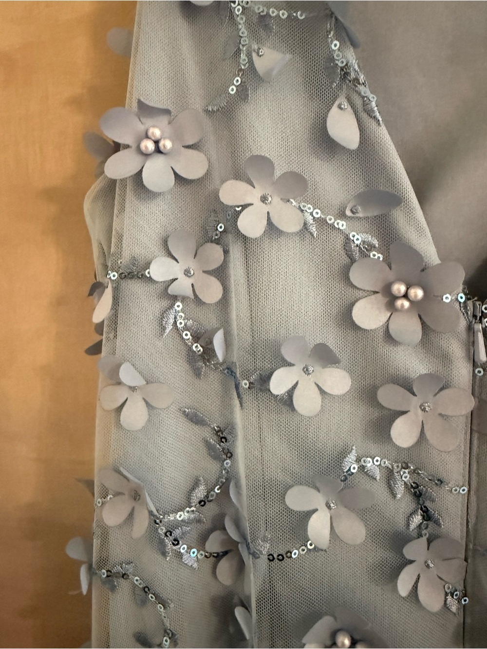Carmen Marc Valvo Infusion 3D Floral Mermaid Gown Dusty Blue Evening Gown - Picture 6 of 7